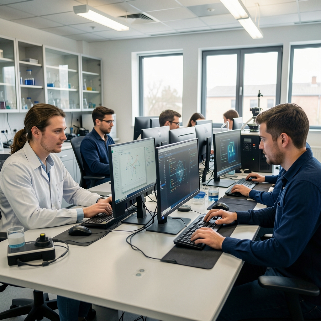 Développeurs informatiques travaillant sur des écrans dans un laboratoire de recherche en intelligence artificielle à l'ambiance futuriste