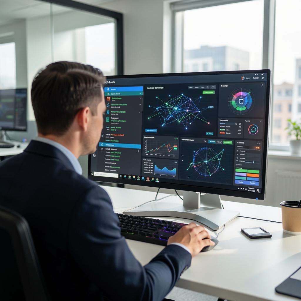 Technicien de cybersécurité monitoring un tableau de bord de sécurité informatique avec alertes et visualisations de réseaux numériques