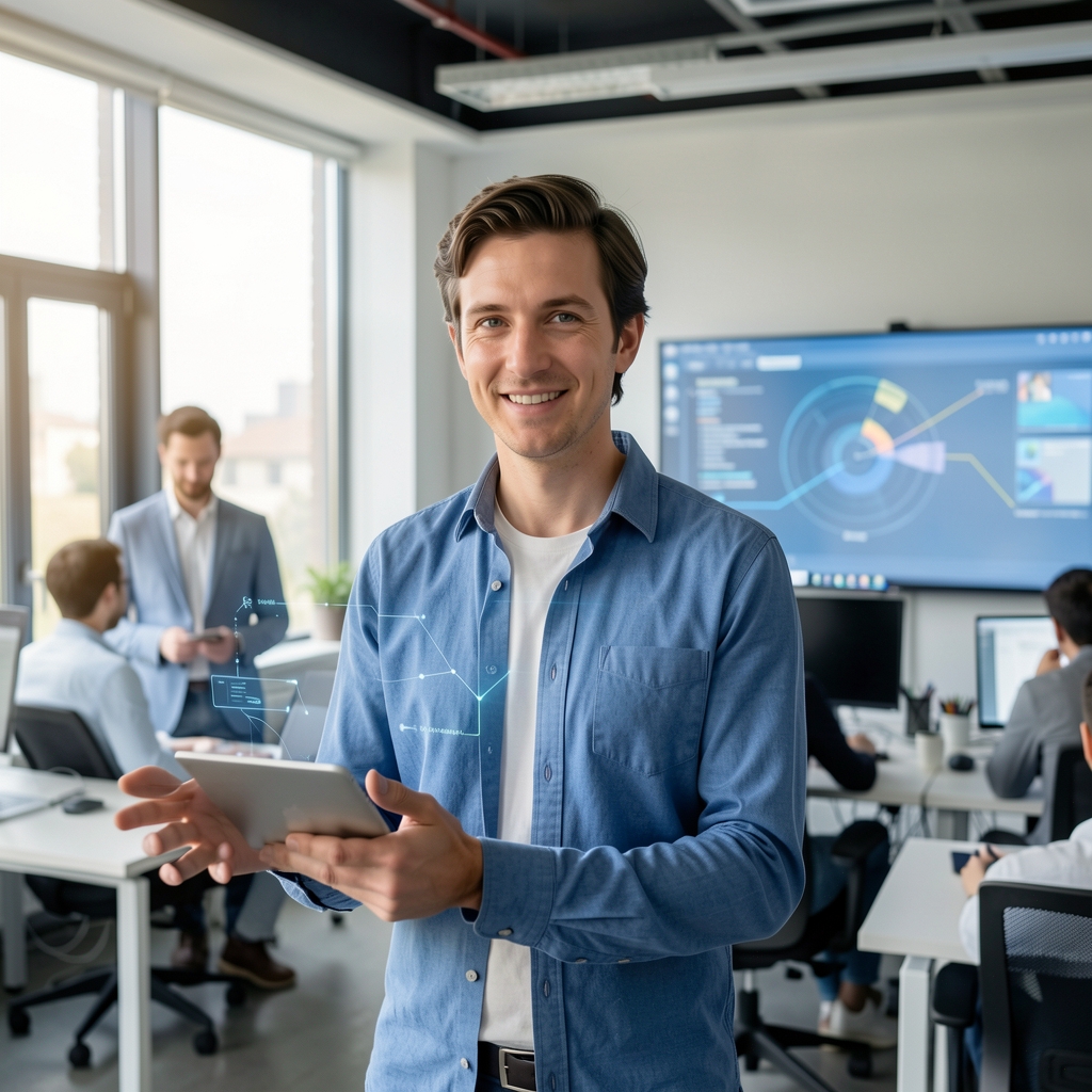 Startup française présentant une innovation technologique lors d'un salon numérique avec stands modernes et visiteurs enthousiastes