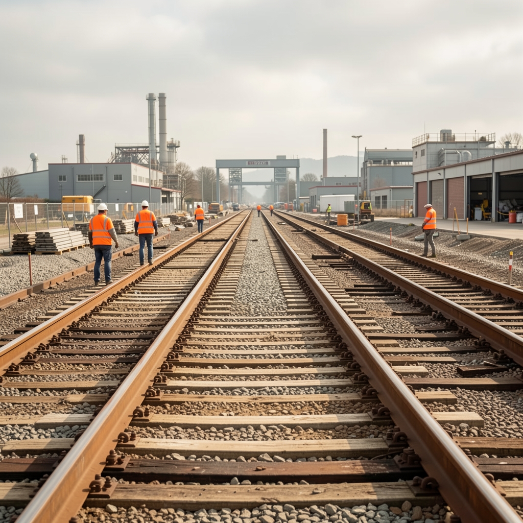 Chantier de construction d'une infrastructure ferroviaire à grande vitesse en France avec ouvriers en gilets fluo et travaux d'ingénierie
