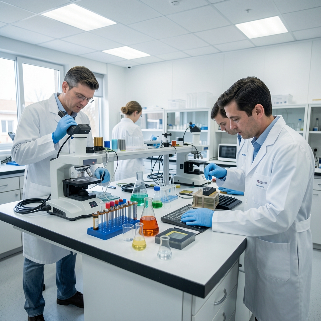 Chercheurs en blouse blanche dans un laboratoire pharmaceutique français analysant des résultats d'essais cliniques sur des écrans