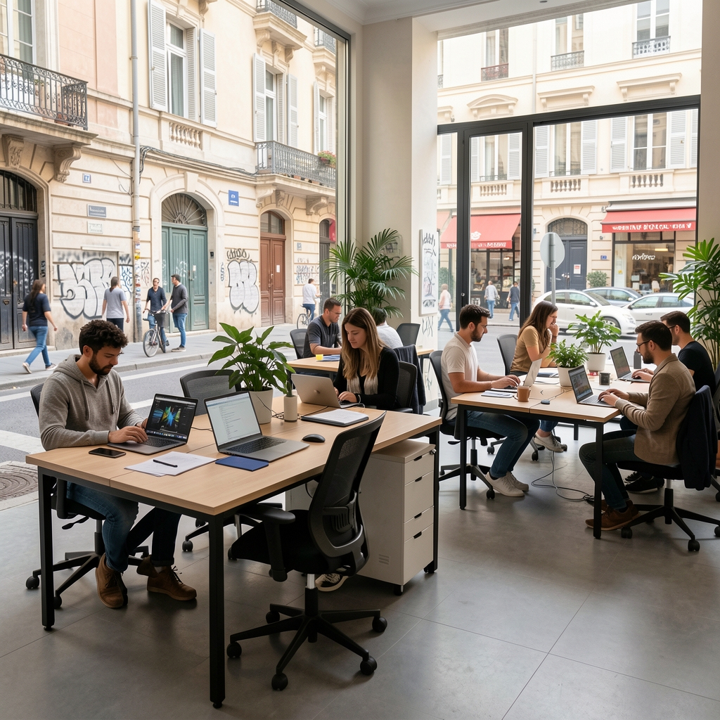 Jeune entrepreneur dans un espace de coworking parisien moderne avec des post-its colorés et des tableaux blancs d'idéation